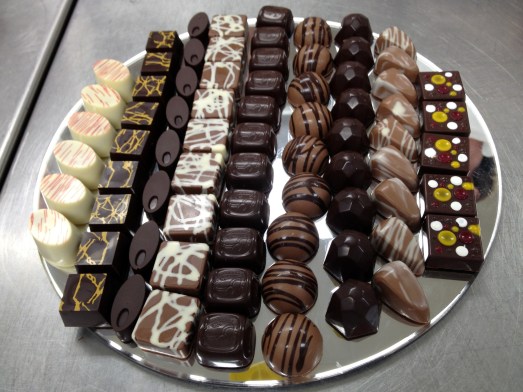 The finished tray of filled chocolates