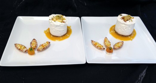 Coconut Rum Mousse with Roasted Pineapple, Apricot Sauce, and Coconut Macaroon Barquettes